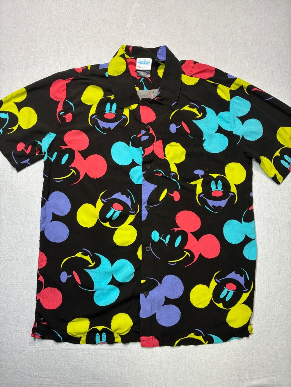 Disney Black Short Sleeve Button-Down Shirt with Neon Mickey Heads